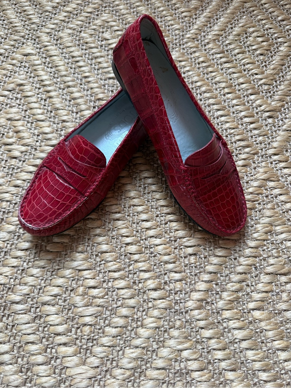 Tod’s Women’s Red Croc-Embossed Leather Loafers